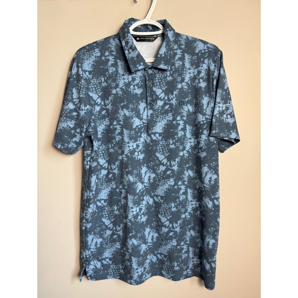 TravisMathew Blue Tie Dye Pineapple Print Performance Polo Shirt Golf Tropical M